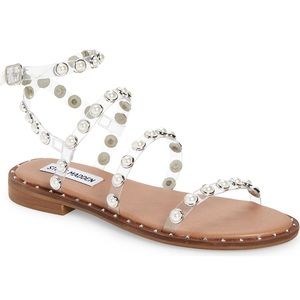 Steve Madden Women’s Travel Flat Sandal, Clear Nude Pearl, Size 8